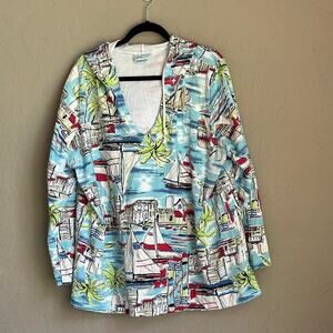 On White‎ Made in the USA water sailboat print hoodie size 1X Vintage